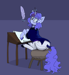 Size: 1658x1799 | Tagged: safe, artist:paskanaakka, derpibooru exclusive, derpibooru import, oc, oc only, oc:midnight dew, pony, unicorn, alternate timeline, clothes, colored hooves, female, glasses, horn, mare, nightmare takeover timeline, pants, quill, sitting, solo, tail, tail wrap, unshorn fetlocks