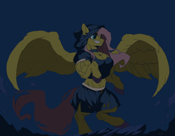 Size: 4096x3200 | Tagged: safe, alternate version, artist:enterusxrname, derpibooru import, fluttershy, pegasus, pony, g4, absurd resolution, bipedal, choker, cloak, clothes, dark, female, flowing mane, flowing tail, hood, multiple variants, muscles, muscleshy, muscular female, night, rock, signature, skirt, sky, solo, spread wings, stars, tail, torn clothes, wings