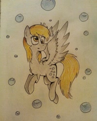 Size: 959x1200 | Tagged: safe, artist:dariarchangel, derpibooru import, derpy hooves, pegasus, pony, g4, bubble, old art, solo, traditional art