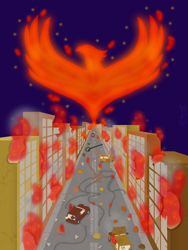 Size: 720x960 | Tagged: safe, derpibooru import, phoenix, building, burning, car, city, commission, destruction, embers, fanfic, fanfic art, fanfic cover, fire, rubble, ruins