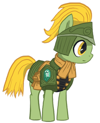 Size: 1176x1440 | Tagged: safe, artist:finnfox66, derpibooru exclusive, derpibooru import, oc, oc only, oc:golden glaive, earth pony, armor, clothes, full body, gem, green coat, helmet, scarf, simple background, transparent background, yellow mane