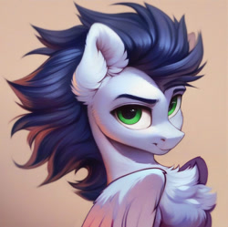 Size: 1229x1225 | Tagged: safe, ai content, derpibooru import, machine learning generated, soarin', pegasus, pony, g4, bust, chest fluff, ear fluff, ears, gradient background, looking at you, male, portrait, solo, stallion