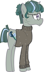 Size: 629x1033 | Tagged: safe, derpibooru exclusive, derpibooru import, oc, oc only, oc:knot whatnot, unicorn, artis:julmu, full body, glasses, green mane, horn, pullover, round glasses, simple background, white background