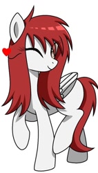 Size: 612x1074 | Tagged: safe, artist:caramelsnow, derpibooru import, oc, oc:kira (fl), pegasus, pony, heart, looking at you, one eye closed, raised hoof, raised leg, simple background, smiling, solo, white background, wink, winking at you