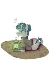 Size: 900x1200 | Tagged: safe, artist:julmu, derpibooru import, oc, oc only, oc:knot whatnot, crystal, full body, glasses, green mane, heart, lantern, pullover, round glasses, simple background, transparent background