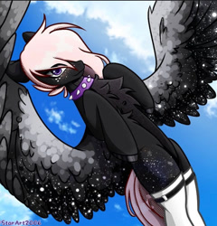 Size: 690x718 | Tagged: source needed, safe, artist:starart2006, derpibooru import, oc, oc:onyxstar (fl), pegasus, pony, chest fluff, choker, clothes, flying, hair over one eye, signature, sky, sky background, smiling, socks, solo, spiked choker, spread wings, thigh highs, wings