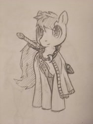 Size: 3000x4000 | Tagged: safe, artist:finnfox66, derpibooru exclusive, derpibooru import, oc, oc only, oc:lo-fi, earth pony, belt, cape, clothes, full body, monochrome, simple background, sword, traditional art, weapon, white background