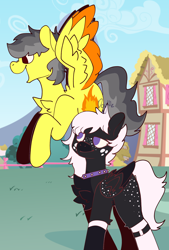 Size: 1440x2128 | Tagged: safe, artist:doyttle, derpibooru import, oc, oc:onyxstar (fl), oc:thunder (fl), pegasus, pony, flying, ponyville, smiling, walking