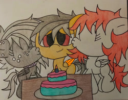 Size: 2048x1608 | Tagged: safe, artist:mr.colt, derpibooru import, oc, oc:kira (fl), oc:onyxstar (fl), oc:thunder (fl), pegasus, pony, birthday, cake, food, kissing, smiling, traditional art, trio