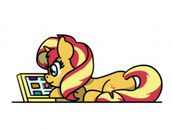 Size: 648x486 | Tagged: safe, artist:flutterluv, derpibooru import, sunset shimmer, pony, unicorn, g4, animated, behaving like a cat, computer, cute, gif, horn, laptop computer, licking, lying down, ponified animal video, prone, shimmerbetes, simple background, solo, tongue, tongue out, touchscreen, white background