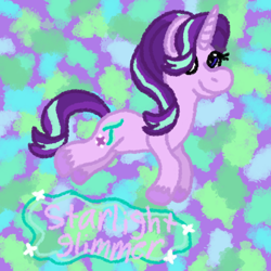 Size: 1000x1000 | Tagged: safe, artist:mintwhistle, derpibooru import, starlight glimmer, pony, unicorn, g4, abstract background, colored hooves, female, horn, jumping, looking back, mare, medibang paint, slender, smiling, solo, sparkles, starlight glimmer day, thin, unshorn fetlocks