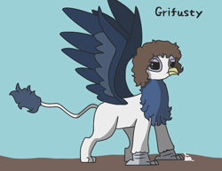 Size: 1328x1026 | Tagged: safe, artist:thomas.senko, derpibooru import, oc, oc only, griffon, blue fur, blue wings, brown hair, claws, dark eyes, griffon oc, light skin, male, male oc, solo, spread wings, wings