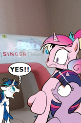 Size: 365x549 | Tagged: safe, artist:andypriceart, derpibooru import, edit, idw, princess cadance, shining armor, twilight sparkle, unicorn twilight, alicorn, pony, unicorn, g4, neigh anything, clothes, crossing the memes, dishevelled, ears, exploitable meme, female, filly, filly twilight sparkle, floppy ears, foal, horn, male, mare, meme, messy mane, necktie, obligatory pony, photo, pinpoint eyes, screaming armor, sewing machine, size difference, smaller male, speech bubble, stallion, teen princess cadance, teenager, the bride and the ugly ass groom, yes, younger