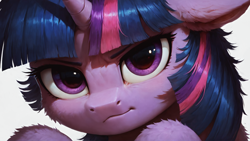 Size: 1920x1080 | Tagged: safe, ai content, derpibooru import, generator:pony diffusion v6 xl, generator:stable diffusion, machine learning generated, twilight sparkle, unicorn twilight, pony, unicorn, g4, close-up, female, filly, filly twilight sparkle, foal, horn, looking at you, plotting, prompter:truekry, smiling, smirk, wallpaper, younger