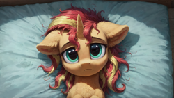 Size: 1920x1080 | Tagged: safe, ai content, derpibooru import, generator:pony diffusion v6 xl, generator:stable diffusion, machine learning generated, sunset shimmer, pony, unicorn, g4, chest fluff, ear fluff, ears, female, floppy ears, horn, lying down, mare, monday, on back, prompter:truekry, sleepy, solo