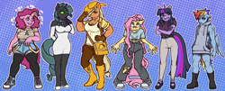 Size: 4096x1657 | Tagged: safe, artist:urvalentinebabe, derpibooru import, applejack, fluttershy, pinkie pie, rainbow dash, rarity, twilight sparkle, anthro, changeling, earth pony, pegasus, unicorn, scootertrix the abridged, g4, changelingified, horn, mane six, one of these things is not like the others, rariling, species swap