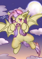 Size: 620x877 | Tagged: safe, artist:anykoe, derpibooru import, fluttershy, bat pony, g4, baka, bat ears, bat ponified, bat wings, blushing, cloud, colored sketch, cute, fangs, female, flutterbat, flying, moon, open mouth, pink hair, race swap, shy, shyabetes, sketch, sky, solo, talking, talking to viewer, text, wings, yellow skin