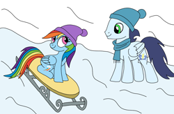 Size: 1090x720 | Tagged: safe, artist:dasher666, derpibooru import, rainbow dash, soarin', pegasus, pony, g4, female, male, mare, shipping, snow, soarindash, stallion, straight, winter clothes