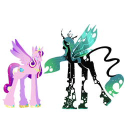 Size: 2048x2048 | Tagged: safe, derpibooru import, princess cadance, queen chrysalis, changeling, pony, a canterlot wedding, g4, black coat, female, green eyes, lesbian, lineless, long legs, pink coat, princess, ship, shipping, simple background, white background