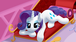 Size: 3840x2160 | Tagged: safe, artist:stellardust, derpibooru import, rarity, pony, unicorn, g4, :<, comb, fainting couch, female, horn, lidded eyes, looking at you, lying down, mare, sofa, solo