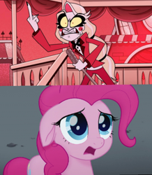 Size: 720x825 | Tagged: safe, artist:carlosuriel13, derpibooru import, edit, edited screencap, screencap, pinkie pie, demon, earth pony, pony, g4, my little pony: the movie, spoiler:hazbin hotel, cannibal town, charlie morningstar, female, hazbin hotel, hell, hellaverse, hellborn, hello rosie!, mare, middle finger, pride ring, princess, princess of hell, spoilers for another series, vulgar