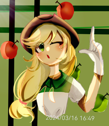 Size: 2200x2532 | Tagged: safe, artist:新晋居民_3360952, derpibooru import, applejack, human, g4, ;o, apple, food, humanized, solo