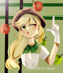 Size: 2200x2532 | Tagged: safe, artist:新晋居民_3360952, derpibooru import, applejack, human, g4, ;o, apple, food, humanized, solo