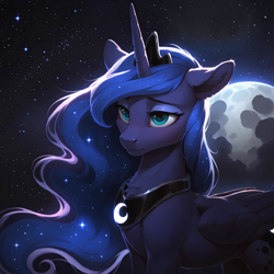 Size: 2048x2048 | Tagged: safe, ai content, derpibooru import, generator:stable diffusion, machine learning generated, princess luna, alicorn, pony, g4, chest fluff, ear fluff, ears, female, full moon, generator:autismmix pony, high res, jewelry, mare, moon, night, outdoors, prompter:adorablebluefox, regalia, sad, solo, standing, starry night, stars, tiara, wings