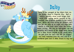 Size: 3014x2102 | Tagged: safe, artist:aleximusprime, derpibooru import, oc, oc only, oc:daisy the dragon, dragon, fanfic:my little sister is a dragon, antlers, biography, chubby, curly hair, cute, dragoness, eastern dragon, fat, female, one eye closed, plump, poofy mane, story included, wink