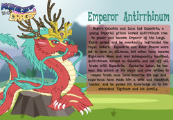 Size: 3014x2102 | Tagged: safe, artist:aleximusprime, derpibooru import, oc, oc only, oc:antirrhinum the dragon, oc:emperor antirrhinum, dragon, fanfic:my little sister is a dragon, antlers, beard, biography, crest, crown, eastern dragon, emperor, facial hair, jewelry, regal, regalia, story included, whiskers