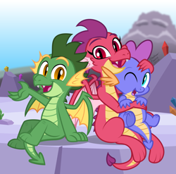 Size: 3133x3097 | Tagged: safe, artist:aleximusprime, derpibooru import, oc, oc only, dragon, fanfic:my little sister is a dragon, flurry heart's story, g1, baby, baby dragon, big sister, brothers, dragoness, family photo, female, happy, his elevated eminence, hug, hug from behind, little brother, male, mountain, nordo dracos, northern drake, one eye closed, siblings, sister, sitting, spike's brother, spike's family, spike's sister, teenaged dragon, teenager, wingless, wings, wink
