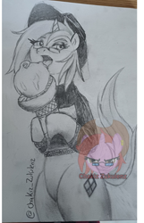 Size: 1800x2800 | Tagged: safe, artist:chakiz zukulenz, derpibooru import, oc, oc only, oc:chakiz zukulenz, unicorn, clothes, drawing, food, glasses, hat, horn, ice cream, ice cream cone, licking, pencil drawing, photo, solo, sweater, tongue, tongue out, traditional art