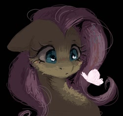Size: 920x870 | Tagged: safe, artist:melodylibris, derpibooru import, fluttershy, butterfly, pegasus, pony, g4, black background, bust, cheek fluff, chest fluff, dark, female, frown, long eyelashes, looking at something, looking down, mare, messy mane, messy tail, pink mane, pink tail, reflection, simple background, solo, tail, teal eyes, wingding eyes