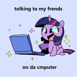 Size: 900x900 | Tagged: safe, artist:talim_stuff, derpibooru import, twilight sparkle, twilight sparkle (alicorn), alicorn, pony, g4, blue background, blushing, computer, cute, female, folded wings, laptop computer, mare, meme, open mouth, open smile, ponified, ponified animal photo, ponified meme, simple background, sitting, smiling, solo, sparkles, text, twiabetes, wings