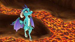 Size: 3840x2160 | Tagged: safe, artist:potes, derpibooru import, princess ember, dragon, g4, dragon lands, dragoness, female, lava, looking up, sitting, smiling, solo