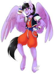 Size: 1481x2041 | Tagged: safe, artist:wallvie, derpibooru import, oc, oc:quilly inks, anthro, pegasus, unguligrade anthro, clothes, cosplay, costume, female, fingerless gloves, gloves, jacket, kingdom hearts, not sora, simple background, solo, sora's clothes, transparent background