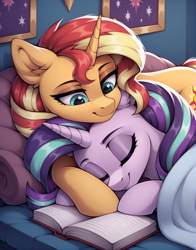 Size: 1560x1992 | Tagged: safe, ai content, derpibooru import, generator:stable diffusion, machine learning generated, starlight glimmer, sunset shimmer, pony, unicorn, g4, blanket, book, cute, daaaaaaaaaaaw, duo, duo female, ear fluff, ears, eyes closed, female, friendshipping, generator:autismmix pony, glimmerbetes, head on head, horn, indoors, looking down, lying down, lying on top of someone, mare, on side, prompter:tyto4tme4l, shimmerbetes, smiling, snuggling, twilight sparkle's cutie mark