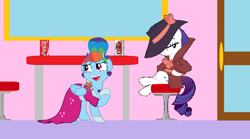 Size: 924x512 | Tagged: safe, artist:captainponyboy1999, derpibooru import, rainbow dash, rarity, pegasus, unicorn, g4, clothes, detective rarity, diner, dress, duo, eyeshadow, fedora, female, hat, horn, makeup, trenchcoat