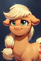 Size: 3328x4864 | Tagged: safe, ai content, derpibooru import, generator:pony diffusion v6 xl, generator:purplesmart.ai, generator:stable diffusion, machine learning generated, applejack, earth pony, pony, g4, cute, ears, female, floppy ears, inverted mouth, jackabetes, mare, prompter:lerkyboy, smiling, solo eyes