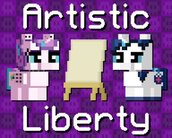 Size: 1152x924 | Tagged: safe, artist:silk-rose, derpibooru import, princess flurry heart, shining armor, alicorn, pony, unicorn, g4, cover, cover art, drop shadow, easel, female, filly, foal, goth, horn, male, minecraft, pixel art, stallion, text, tiled background