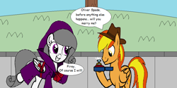 Size: 926x464 | Tagged: safe, artist:captainponyboy1999, derpibooru import, oc, oc only, oc:firey ratchet, oc:oliver spade, pegasus, g4, clothes, dialogue, fedora, female, happy, hat, jewelry, male, mare, marriage proposal, ring, smiling, stallion, trenchcoat