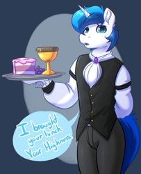 Size: 3056x3760 | Tagged: safe, artist:witchtaunter, oc, oc:blueberry sugar, anthro, plantigrade anthro, pony, unicorn, abstract background, anthro pony, broach, butler, cake, clothes, commission, cute, digital art, femboy, food, grapes, implied princess twilight, lace, lunch, male, platter, ruffle tie, ruffles, shy, slice of cake, solo, solo male, speech bubble, stallion, text, vest, wine