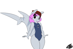 Size: 2287x1557 | Tagged: dead source, safe, artist:nekobleed, twibooru import, oc, oc only, oc:bleedshark, anthro, original species, shark, shark pony, beanie, clothes, explicit description, fangs, hat, looking at you, nudity, simple background, smiling, smiling at you, swimsuit, vulva, white background