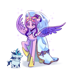 Size: 1708x1777 | Tagged: safe, artist:teaflower300, derpibooru import, princess cadance, shining armor, alicorn, pony, unicorn, g4, 2024, alternate hairstyle, clothes, dilated pupils, dress, duo, duo male and female, female, height difference, hoof shoes, horn, horn ring, jewelry, larger female, lidded eyes, looking down, male, mare, meme, messy mane, messy tail, princess shoes, raised hoof, raised leg, redraw, ring, shiningcadance, shipping, simple background, size difference, smaller male, smiling, sparkles, spread wings, stallion, straight, tail, the bride and the ugly ass groom, toy interpretation, veil, wedding dress, wedding veil, white background, wide eyes, wings