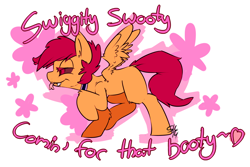 Size: 1050x700 | Tagged: safe, artist:serendipity-kitty, derpibooru import, scootaloo, pegasus, pony, g4, collar, dialogue, fangs, heart, lesboloo, lidded eyes, purple sclera, solo, swiggity swooty, tongue, tongue out