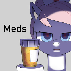 Size: 800x800 | Tagged: safe, derpibooru import, part of a set, nurse redheart, earth pony, pony, g4, blue eyes, colored pinnae, female, frown, gray background, hat, hoof hold, looking at you, mare, medicine, nurse hat, pills, red pupils, shadow, simple background, solo, text, wingding eyes