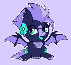 Size: 1816x1680 | Tagged: safe, artist:infinithiez, derpibooru import, oc, oc only, oc:navy petal, bat pony, pony, bat pony oc, blaze (coat marking), blue coat, blue tongue, blushing, chibi, coat markings, colored eartips, colored muzzle, colored tongue, colored wings, ear tufts, facial markings, female, flower, flower on ear, freckles, lidded eyes, looking away, mare, navy coat, open mouth, open smile, purple background, purple mane, purple tail, simple background, sitting, slit eyes, smiling, socks (coat marking), solo, spread wings, strip (coat marking), tail, teal eyes, thick eyelashes, two toned mane, two toned tail, two toned wings, wingding eyes, wings