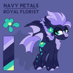 Size: 2000x2000 | Tagged: safe, artist:infinithiez, derpibooru import, oc, oc only, oc:navy petal, bat pony, pony, bat pony oc, big ears, chest fluff, coat markings, color palette, colored eartips, colored hooves, colored wings, ear fluff, ears, female, flower, flower on ear, freckles, leg fluff, lidded eyes, looking at you, mare, purple background, purple mane, purple tail, reference sheet, simple background, slit eyes, smiling, smiling at you, socks (coat marking), solo, spread wings, standing, tail, teal eyes, text, thick eyelashes, tied tail, two toned mane, two toned tail, two toned wings, wingding eyes, wings
