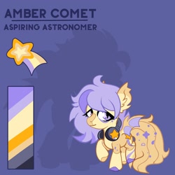 Size: 2000x2000 | Tagged: safe, artist:infinithiez, derpibooru import, oc, oc only, oc:amber comet, bat pony, pony, bags under eyes, bat pony oc, big eyes, big tail, blaze (coat marking), coat markings, color palette, colored eartips, colored hooves, colored muzzle, colored wings, ear fluff, ear tufts, ears, facial markings, female, filly, foal, freckles, headphones, hooves, lidded eyes, long hair, long tail, looking away, multicolored hooves, purple background, purple eyes, purple text, raised hoof, raised leg, reference sheet, simple background, slit eyes, smiling, socks (coat marking), solo, sparkly tail, spread wings, standing, tail, text, thick eyelashes, two toned tail, two toned wings, wingding eyes, wings, yellow coat, yellow tail