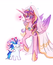 Size: 2304x2806 | Tagged: safe, artist:madisockz, derpibooru import, princess cadance, alicorn, pony, unicorn, blushing, clothes, dishevelled, dress, heart, horn, meme, size difference, smiling, the bride and the ugly ass groom, toy interpretation, wedding dress